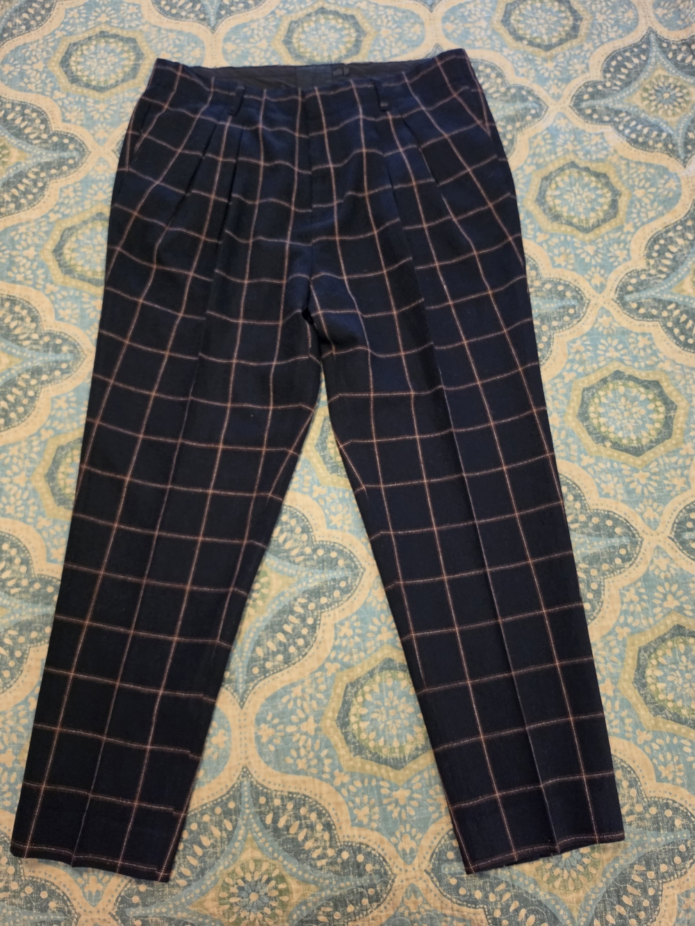 ASOS Tapered Wool Blend Pleated Windowpane Plaid Pants Blue Gold Smart Casual 36